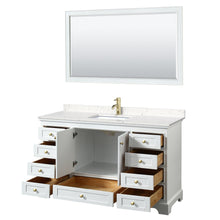 Load image into Gallery viewer, Wyndham Collection WCS202060SWGC2UNSM58 Deborah 60 Inch Single Bathroom Vanity in White, Carrara Cultured Marble Countertop, Undermount Square Sink, Brushed Gold Trim, 58 Inch Mirror