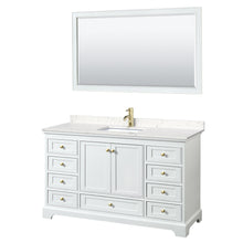 Load image into Gallery viewer, Wyndham Collection WCS202060SWGC2UNSM58 Deborah 60 Inch Single Bathroom Vanity in White, Carrara Cultured Marble Countertop, Undermount Square Sink, Brushed Gold Trim, 58 Inch Mirror