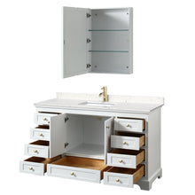 Load image into Gallery viewer, Wyndham Collection WCS202060SWGC2UNSMED Deborah 60 Inch Single Bathroom Vanity in White, Carrara Cultured Marble Countertop, Undermount Square Sink, Brushed Gold Trim, Medicine Cabinet