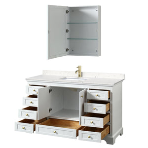 Wyndham Collection WCS202060SWGC2UNSMED Deborah 60 Inch Single Bathroom Vanity in White, Carrara Cultured Marble Countertop, Undermount Square Sink, Brushed Gold Trim, Medicine Cabinet
