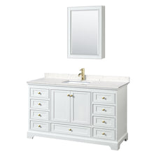 Load image into Gallery viewer, Wyndham Collection WCS202060SWGC2UNSMED Deborah 60 Inch Single Bathroom Vanity in White, Carrara Cultured Marble Countertop, Undermount Square Sink, Brushed Gold Trim, Medicine Cabinet