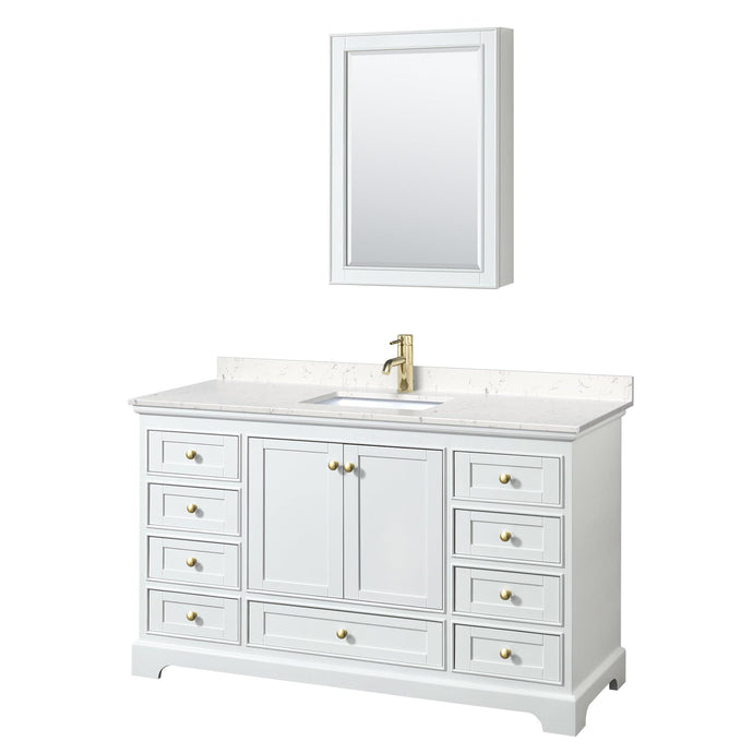 Wyndham Collection WCS202060SWGC2UNSMED Deborah 60 Inch Single Bathroom Vanity in White, Carrara Cultured Marble Countertop, Undermount Square Sink, Brushed Gold Trim, Medicine Cabinet