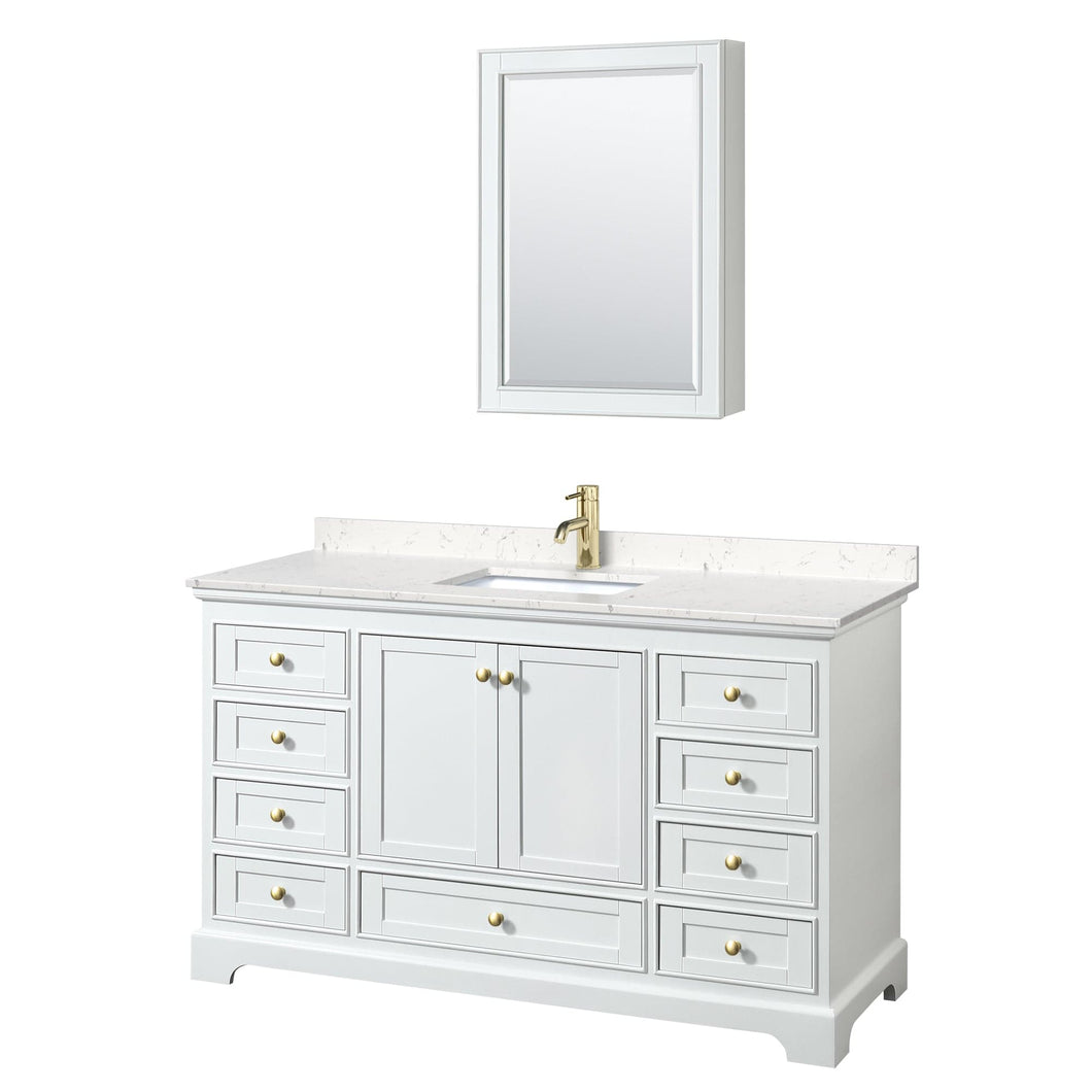Wyndham Collection WCS202060SWGC2UNSMED Deborah 60 Inch Single Bathroom Vanity in White, Carrara Cultured Marble Countertop, Undermount Square Sink, Brushed Gold Trim, Medicine Cabinet