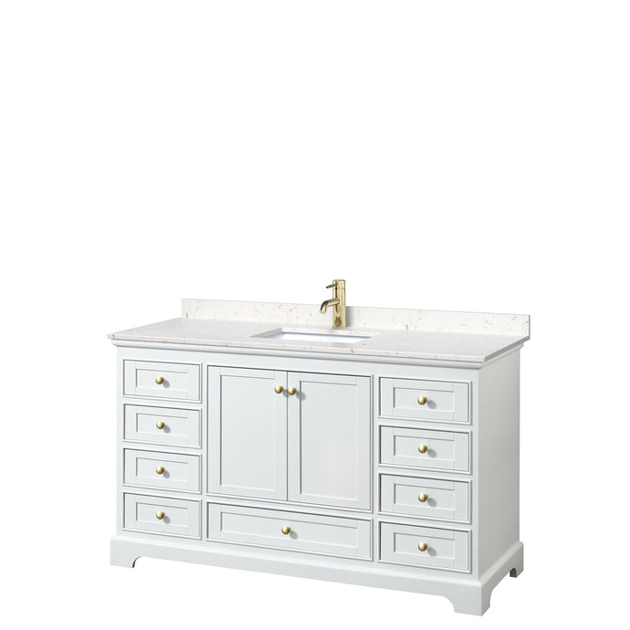 Wyndham Collection WCS202060SWGC2UNSMXX Deborah 60 Inch Single Bathroom Vanity in White, Carrara Cultured Marble Countertop, Undermount Square Sink, Brushed Gold Trim, No Mirror