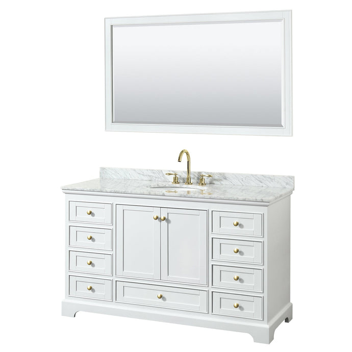 Wyndham Collection WCS202060SWGCMUNOM58 Deborah 60 Inch Single Bathroom Vanity in White, White Carrara Marble Countertop, Undermount Oval Sink, Brushed Gold Trim, 58 Inch Mirror