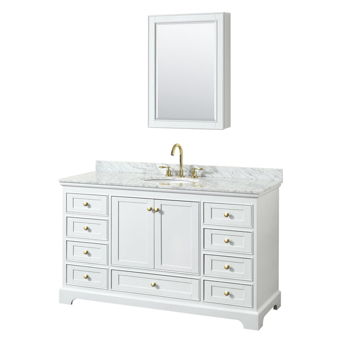Wyndham Collection WCS202060SWGCMUNOMED Deborah 60 Inch Single Bathroom Vanity in White, White Carrara Marble Countertop, Undermount Oval Sink, Brushed Gold Trim, Medicine Cabinet