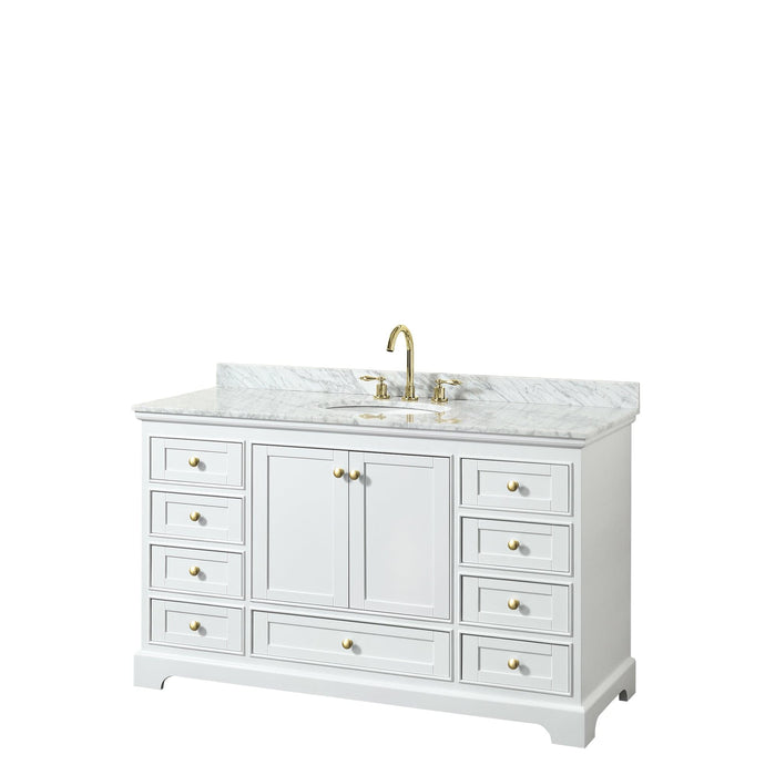 Wyndham Collection WCS202060SWGCMUNOMXX Deborah 60 Inch Single Bathroom Vanity in White, White Carrara Marble Countertop, Undermount Oval Sink, Brushed Gold Trim, No Mirror