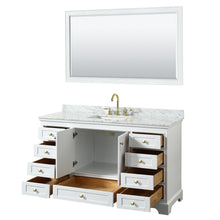 Load image into Gallery viewer, Wyndham Collection WCS202060SWGCMUNSM58 Deborah 60 Inch Single Bathroom Vanity in White, White Carrara Marble Countertop, Undermount Square Sink, Brushed Gold Trim, 58 Inch Mirror