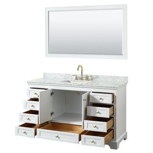 Wyndham Collection WCS202060SWGCMUNSM58 Deborah 60 Inch Single Bathroom Vanity in White, White Carrara Marble Countertop, Undermount Square Sink, Brushed Gold Trim, 58 Inch Mirror