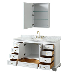 Wyndham Collection WCS202060SWGCMUNSMED Deborah 60 Inch Single Bathroom Vanity in White, White Carrara Marble Countertop, Undermount Square Sink, Brushed Gold Trim, Medicine Cabinet