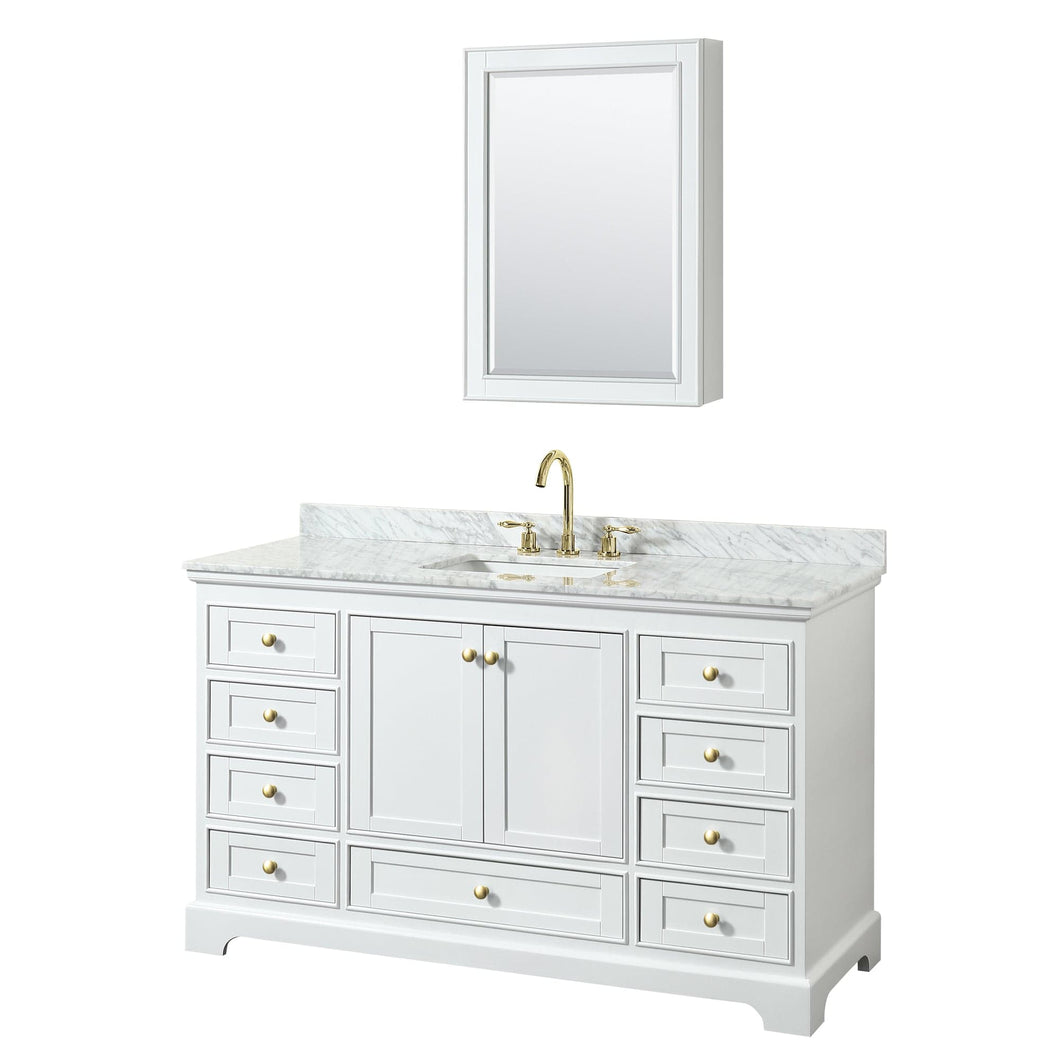 Wyndham Collection WCS202060SWGCMUNSMED Deborah 60 Inch Single Bathroom Vanity in White, White Carrara Marble Countertop, Undermount Square Sink, Brushed Gold Trim, Medicine Cabinet