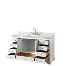Load image into Gallery viewer, Wyndham Collection WCS202060SWGCMUNSMXX Deborah 60 Inch Single Bathroom Vanity in White, White Carrara Marble Countertop, Undermount Square Sink, Brushed Gold Trim, No Mirror