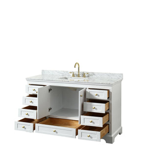 Wyndham Collection WCS202060SWGCMUNSMXX Deborah 60 Inch Single Bathroom Vanity in White, White Carrara Marble Countertop, Undermount Square Sink, Brushed Gold Trim, No Mirror