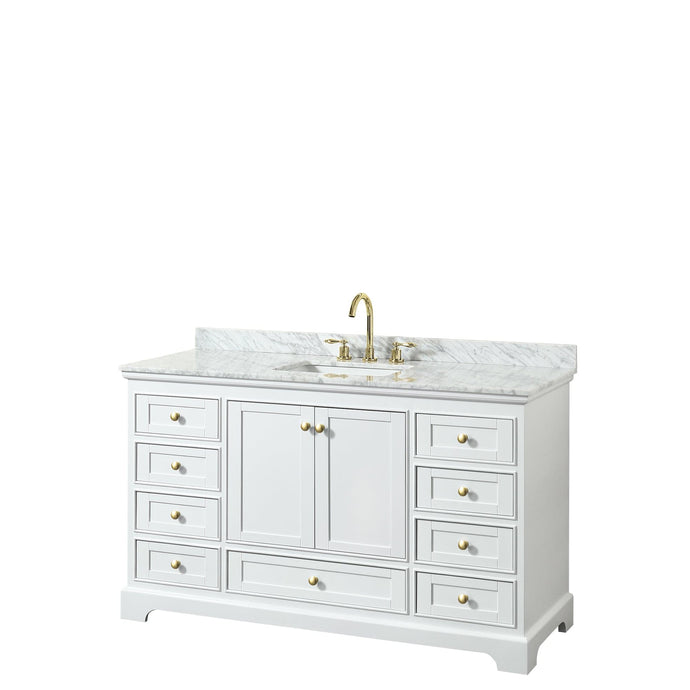 Wyndham Collection WCS202060SWGCMUNSMXX Deborah 60 Inch Single Bathroom Vanity in White, White Carrara Marble Countertop, Undermount Square Sink, Brushed Gold Trim, No Mirror