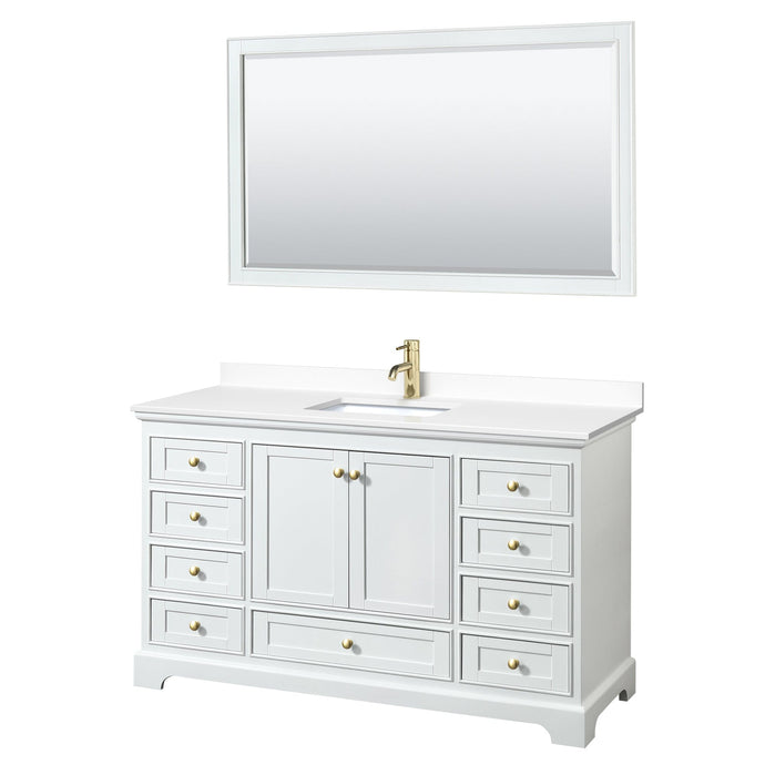 Wyndham Collection WCS202060SWGWCUNSM58 Deborah 60 Inch Single Bathroom Vanity in White, White Cultured Marble Countertop, Undermount Square Sink, Brushed Gold Trim, 58 Inch Mirror