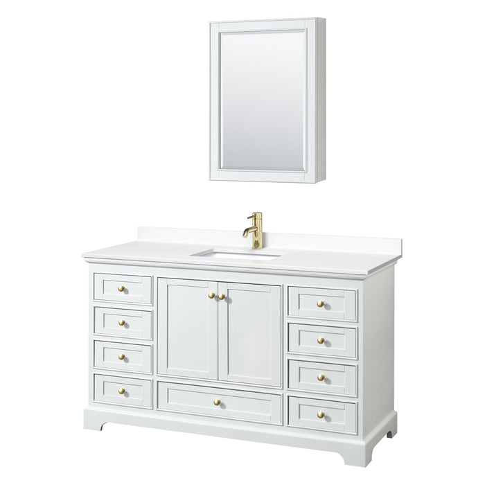 Wyndham Collection WCS202060SWGWCUNSMED Deborah 60 Inch Single Bathroom Vanity in White, White Cultured Marble Countertop, Undermount Square Sink, Brushed Gold Trim, Medicine Cabinet