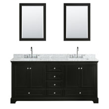 Load image into Gallery viewer, Wyndham Collection WCS202072DDECMUNSM24 Deborah 72 Inch Double Bathroom Vanity in Dark Espresso, White Carrara Marble Countertop, Undermount Square Sinks, and 24 Inch Mirrors