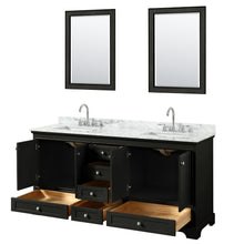 Load image into Gallery viewer, Wyndham Collection WCS202072DDECMUNSM24 Deborah 72 Inch Double Bathroom Vanity in Dark Espresso, White Carrara Marble Countertop, Undermount Square Sinks, and 24 Inch Mirrors