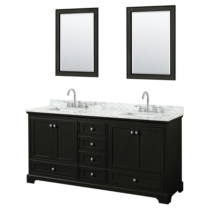 Wyndham Collection WCS202072DDECMUNSM24 Deborah 72 Inch Double Bathroom Vanity in Dark Espresso, White Carrara Marble Countertop, Undermount Square Sinks, and 24 Inch Mirrors