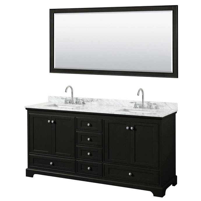 Wyndham Collection WCS202072DDECMUNSM70 Deborah 72 Inch Double Bathroom Vanity in Dark Espresso, White Carrara Marble Countertop, Undermount Square Sinks, and 70 Inch Mirror