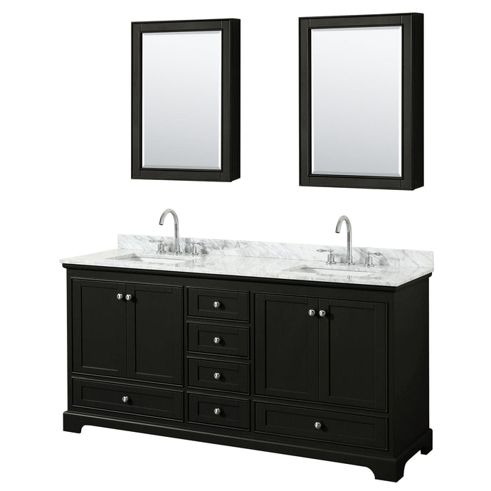 Wyndham Collection WCS202072DDECMUNSMED Deborah 72 Inch Double Bathroom Vanity in Dark Espresso, White Carrara Marble Countertop, Undermount Square Sinks, and Medicine Cabinets