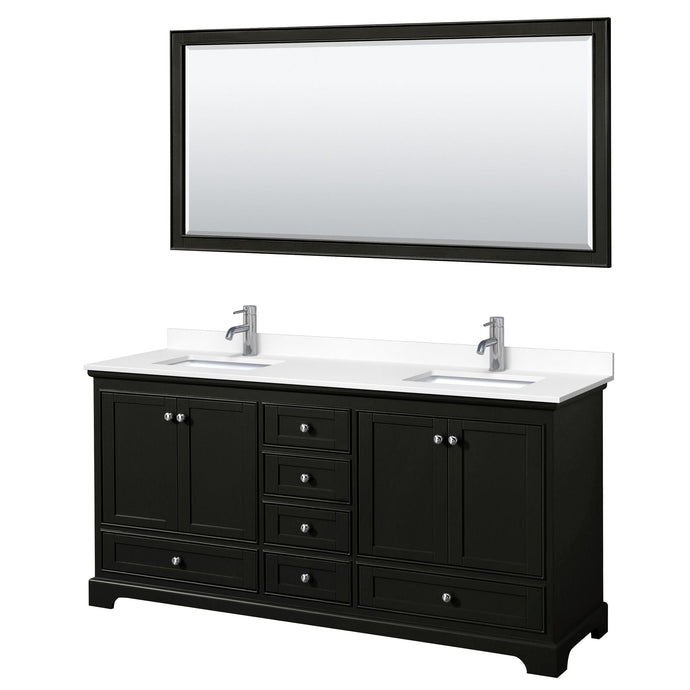 Wyndham Collection WCS202072DDEWCUNSM70 Deborah 72 Inch Double Bathroom Vanity in Dark Espresso, White Cultured Marble Countertop, Undermount Square Sinks, 70 Inch Mirror
