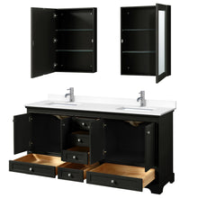 Load image into Gallery viewer, Wyndham Collection WCS202072DDEWCUNSMED Deborah 72 Inch Double Bathroom Vanity in Dark Espresso, White Cultured Marble Countertop, Undermount Square Sinks, Medicine Cabinets