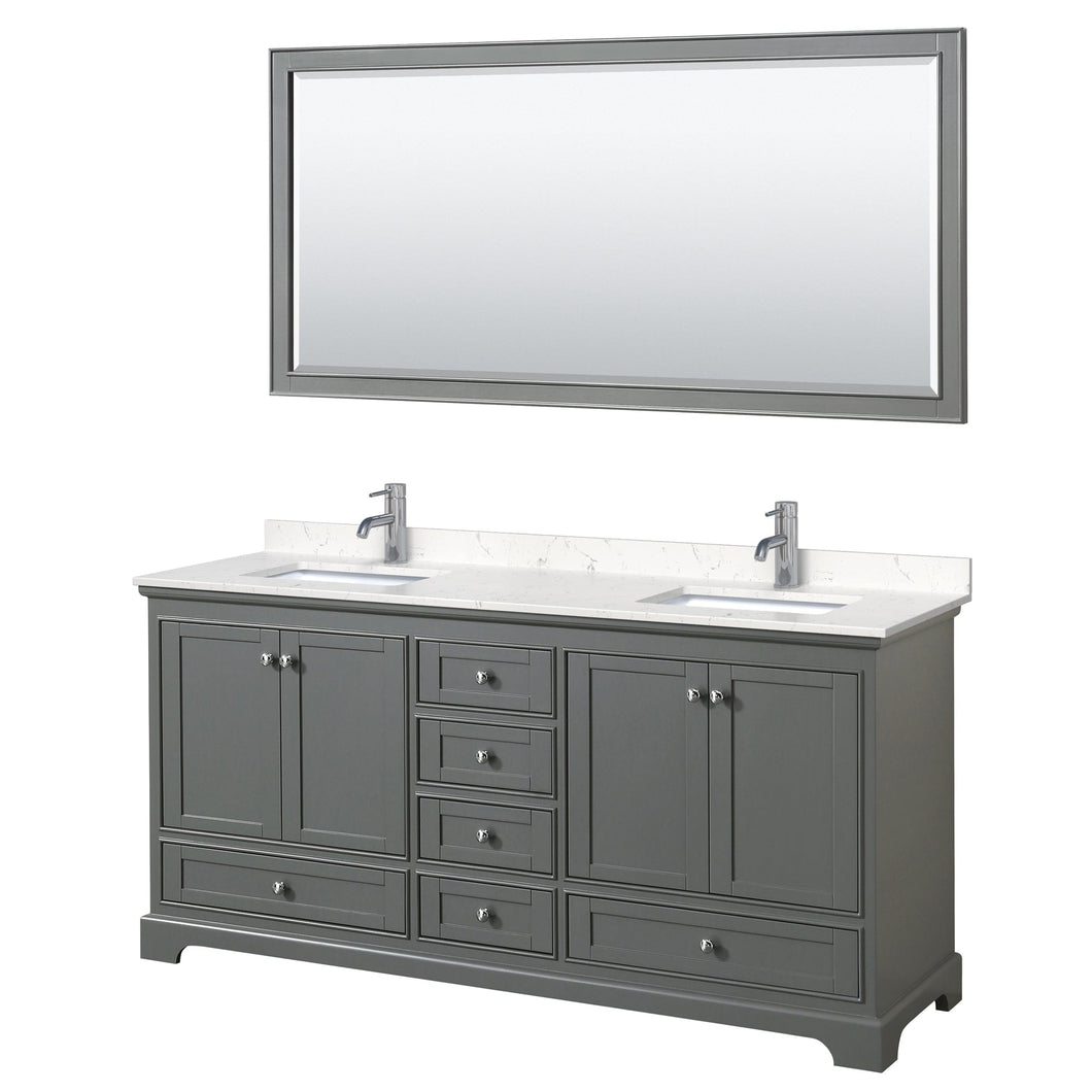 Wyndham Collection WCS202072DKGC2UNSM70 Deborah 72 Inch Double Bathroom Vanity in Dark Gray, Light-Vein Carrara Cultured Marble Countertop, Undermount Square Sinks, 70 Inch Mirror