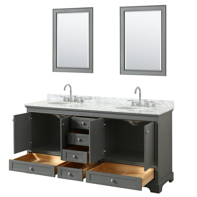Wyndham Collection WCS202072DKGCMUNOM24 Deborah 72 Inch Double Bathroom Vanity in Dark Gray, White Carrara Marble Countertop, Undermount Oval Sinks, and 24 Inch Mirrors