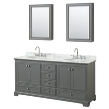 Load image into Gallery viewer, Wyndham Collection WCS202072DKGCMUNOMED Deborah 72 Inch Double Bathroom Vanity in Dark Gray, White Carrara Marble Countertop, Undermount Oval Sinks, and Medicine Cabinets