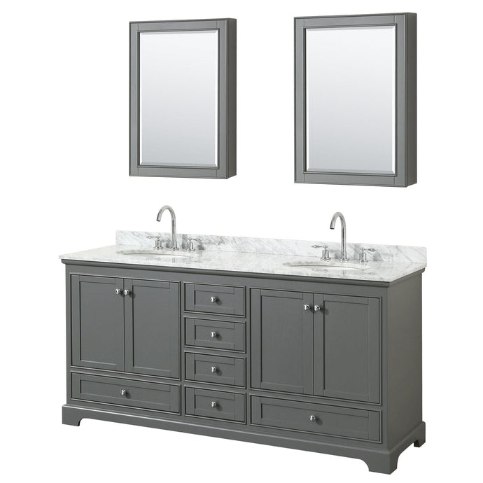 Wyndham Collection WCS202072DKGCMUNOMED Deborah 72 Inch Double Bathroom Vanity in Dark Gray, White Carrara Marble Countertop, Undermount Oval Sinks, and Medicine Cabinets