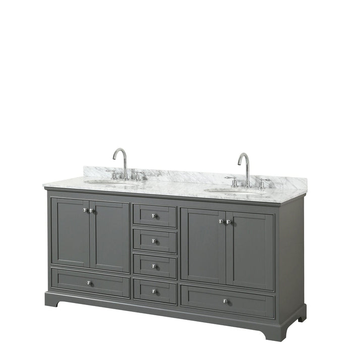 Wyndham Collection WCS202072DKGCMUNOMXX Deborah 72 Inch Double Bathroom Vanity in Dark Gray, White Carrara Marble Countertop, Undermount Oval Sinks, and No Mirrors