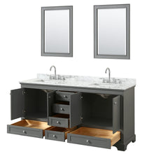 Load image into Gallery viewer, Wyndham Collection WCS202072DKGCMUNSM24 Deborah 72 Inch Double Bathroom Vanity in Dark Gray, White Carrara Marble Countertop, Undermount Square Sinks, and 24 Inch Mirrors