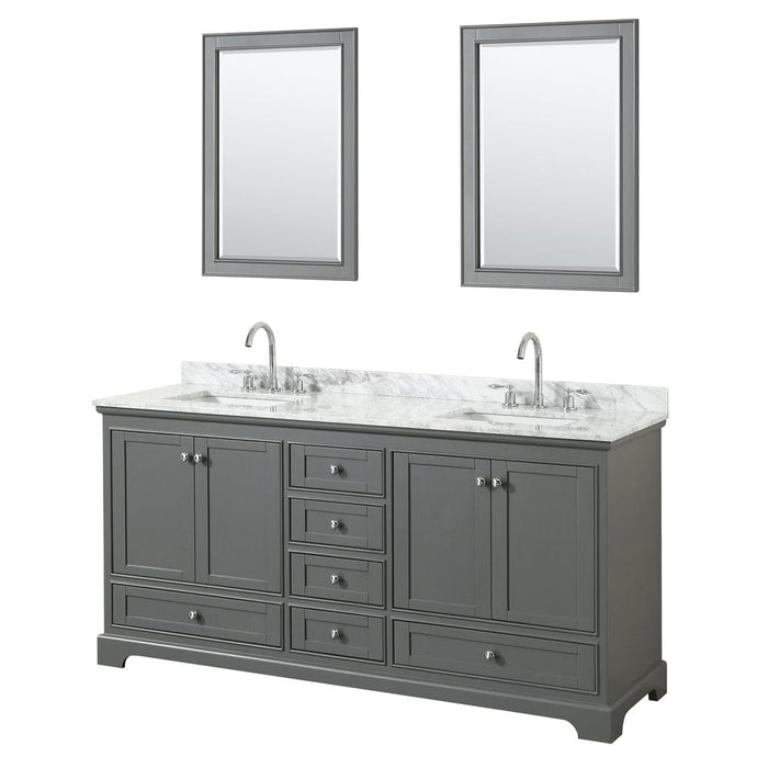 Wyndham Collection WCS202072DKGCMUNSM24 Deborah 72 Inch Double Bathroom Vanity in Dark Gray, White Carrara Marble Countertop, Undermount Square Sinks, and 24 Inch Mirrors