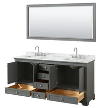 Load image into Gallery viewer, Wyndham Collection WCS202072DKGCMUNSM70 Deborah 72 Inch Double Bathroom Vanity in Dark Gray, White Carrara Marble Countertop, Undermount Square Sinks, and 70 Inch Mirror