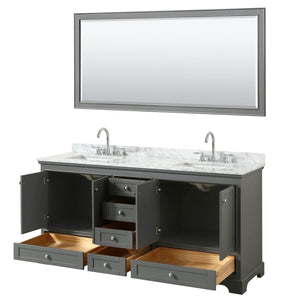 Wyndham Collection WCS202072DKGCMUNSM70 Deborah 72 Inch Double Bathroom Vanity in Dark Gray, White Carrara Marble Countertop, Undermount Square Sinks, and 70 Inch Mirror
