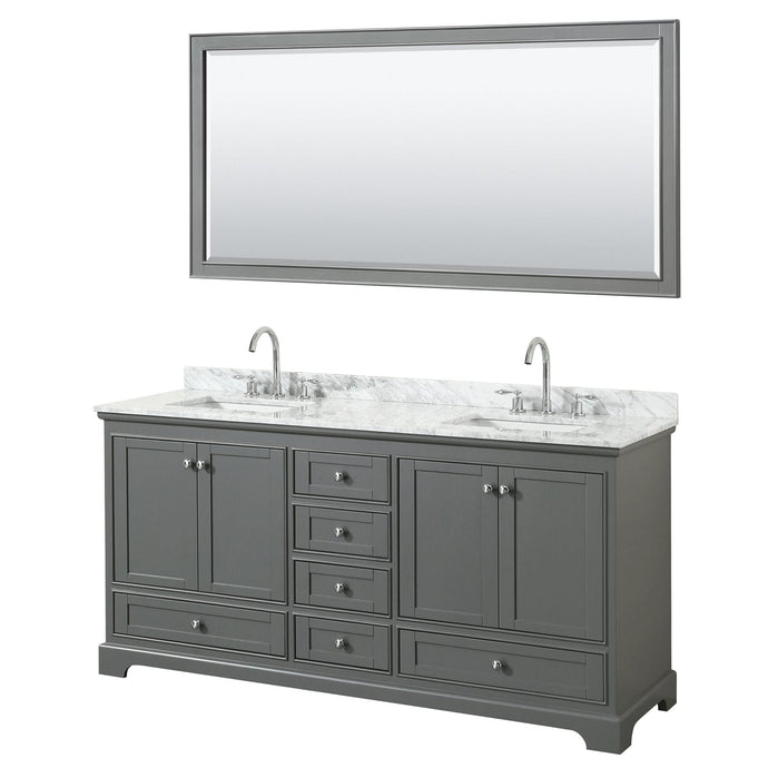 Wyndham Collection WCS202072DKGCMUNSM70 Deborah 72 Inch Double Bathroom Vanity in Dark Gray, White Carrara Marble Countertop, Undermount Square Sinks, and 70 Inch Mirror