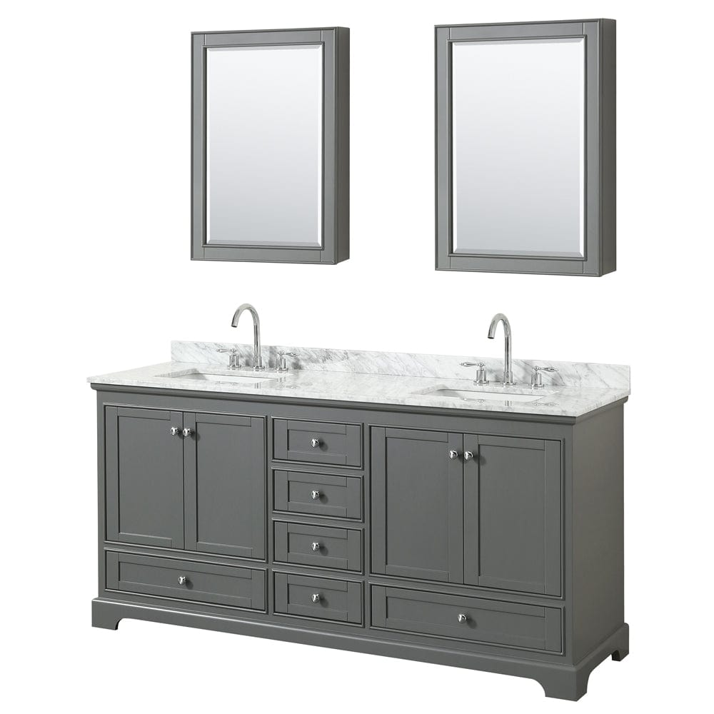 Wyndham Collection WCS202072DKGCMUNSMED Deborah 72 Inch Double Bathroom Vanity in Dark Gray, White Carrara Marble Countertop, Undermount Square Sinks, and Medicine Cabinets