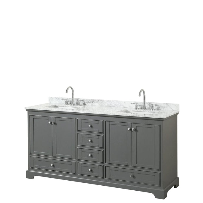 Wyndham Collection WCS202072DKGCMUNSMXX Deborah 72 Inch Double Bathroom Vanity in Dark Gray, White Carrara Marble Countertop, Undermount Square Sinks, and No Mirror