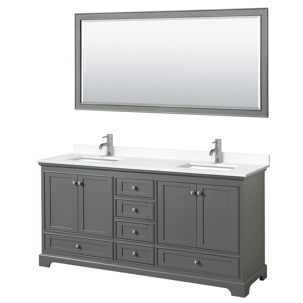 Wyndham Collection WCS202072DKGWCUNSM70 Deborah 72 Inch Double Bathroom Vanity in Dark Gray, White Cultured Marble Countertop, Undermount Square Sinks, 70 Inch Mirror