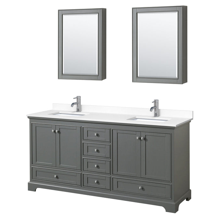 Wyndham Collection WCS202072DKGWCUNSMED Deborah 72 Inch Double Bathroom Vanity in Dark Gray, White Cultured Marble Countertop, Undermount Square Sinks, Medicine Cabinets