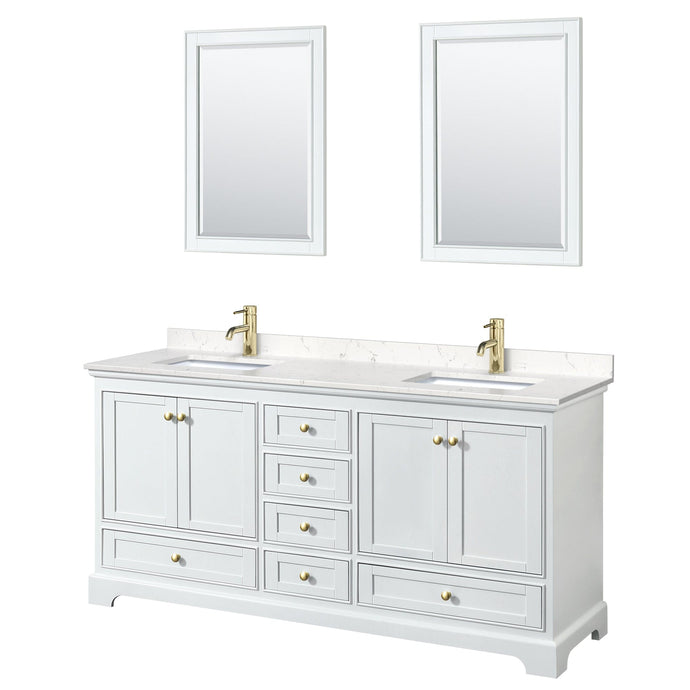 Wyndham Collection WCS202072DWGC2UNSM24 Deborah 72 Inch Double Bathroom Vanity in White, Carrara Cultured Marble Countertop, Undermount Square Sinks, Brushed Gold Trim, 24 Inch Mirrors