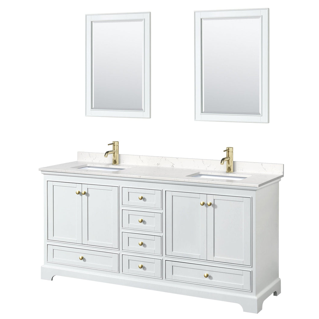 Wyndham Collection WCS202072DWGC2UNSM24 Deborah 72 Inch Double Bathroom Vanity in White, Carrara Cultured Marble Countertop, Undermount Square Sinks, Brushed Gold Trim, 24 Inch Mirrors