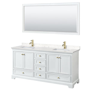 Wyndham Collection WCS202072DWGC2UNSM70 Deborah 72 Inch Double Bathroom Vanity in White, Carrara Cultured Marble Countertop, Undermount Square Sinks, Brushed Gold Trim, 70 Inch Mirror