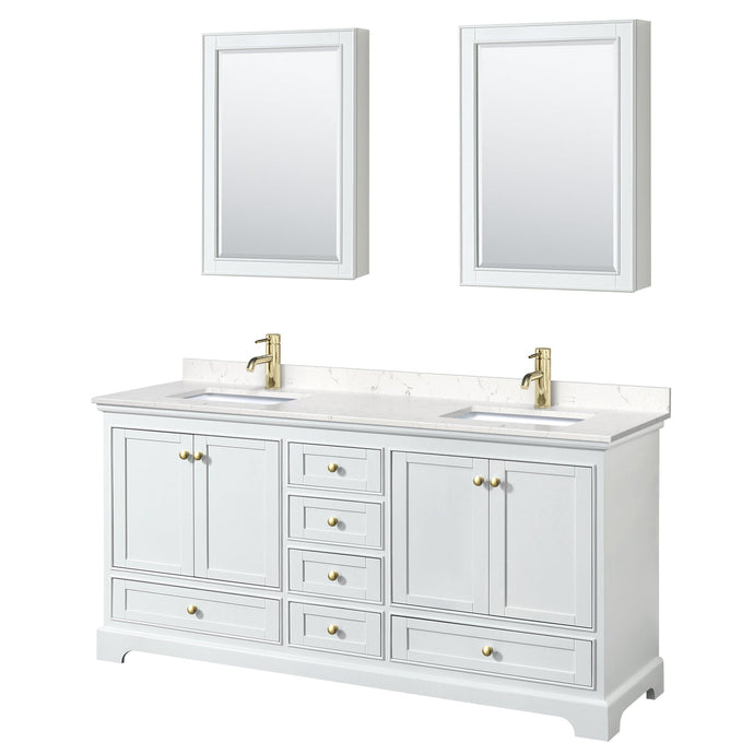 Wyndham Collection WCS202072DWGC2UNSMED Deborah 72 Inch Double Bathroom Vanity in White, Carrara Cultured Marble Countertop, Undermount Square Sinks, Brushed Gold Trim, Medicine Cabinets