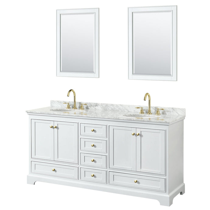 Wyndham Collection WCS202072DWGCMUNOM24 Deborah 72 Inch Double Bathroom Vanity in White, White Carrara Marble Countertop, Undermount Oval Sinks, Brushed Gold Trim, 24 Inch Mirrors