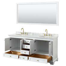 Load image into Gallery viewer, Wyndham Collection WCS202072DWGCMUNOM70 Deborah 72 Inch Double Bathroom Vanity in White, White Carrara Marble Countertop, Undermount Oval Sinks, Brushed Gold Trim, 70 Inch Mirror