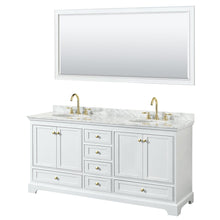 Load image into Gallery viewer, Wyndham Collection WCS202072DWGCMUNOM70 Deborah 72 Inch Double Bathroom Vanity in White, White Carrara Marble Countertop, Undermount Oval Sinks, Brushed Gold Trim, 70 Inch Mirror