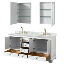 Load image into Gallery viewer, Wyndham Collection WCS202072DWGCMUNOMED Deborah 72 Inch Double Bathroom Vanity in White, White Carrara Marble Countertop, Undermount Oval Sinks, Brushed Gold Trim, Medicine Cabinets