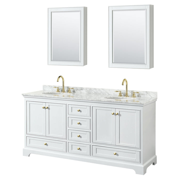 Wyndham Collection WCS202072DWGCMUNOMED Deborah 72 Inch Double Bathroom Vanity in White, White Carrara Marble Countertop, Undermount Oval Sinks, Brushed Gold Trim, Medicine Cabinets
